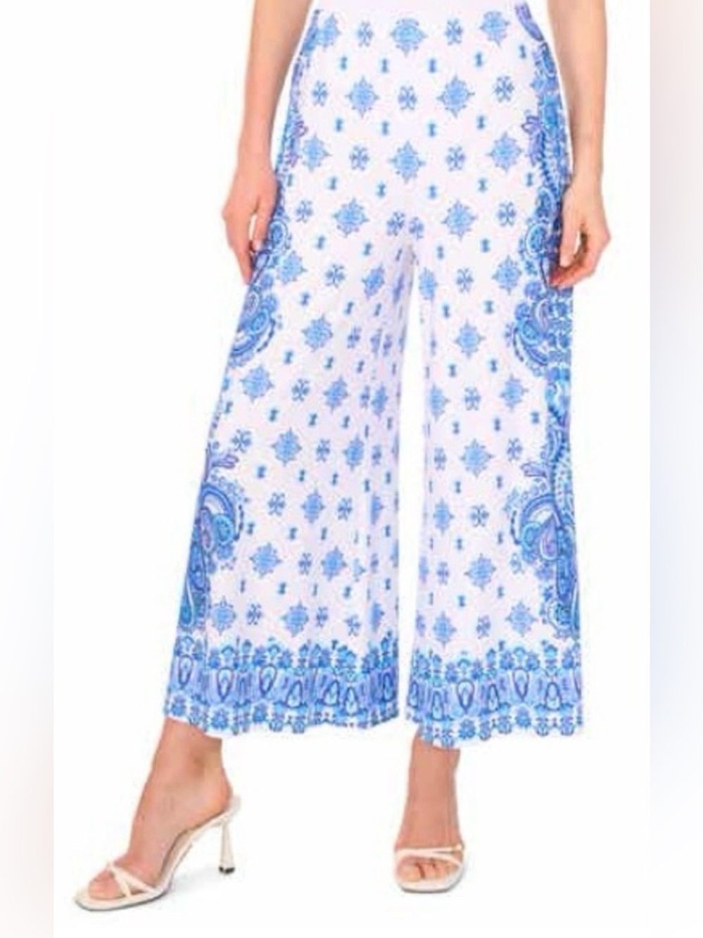 Vince Camuto Blue & White Paisley Print Wide Leg Pull-On Pants Size S. NWT
